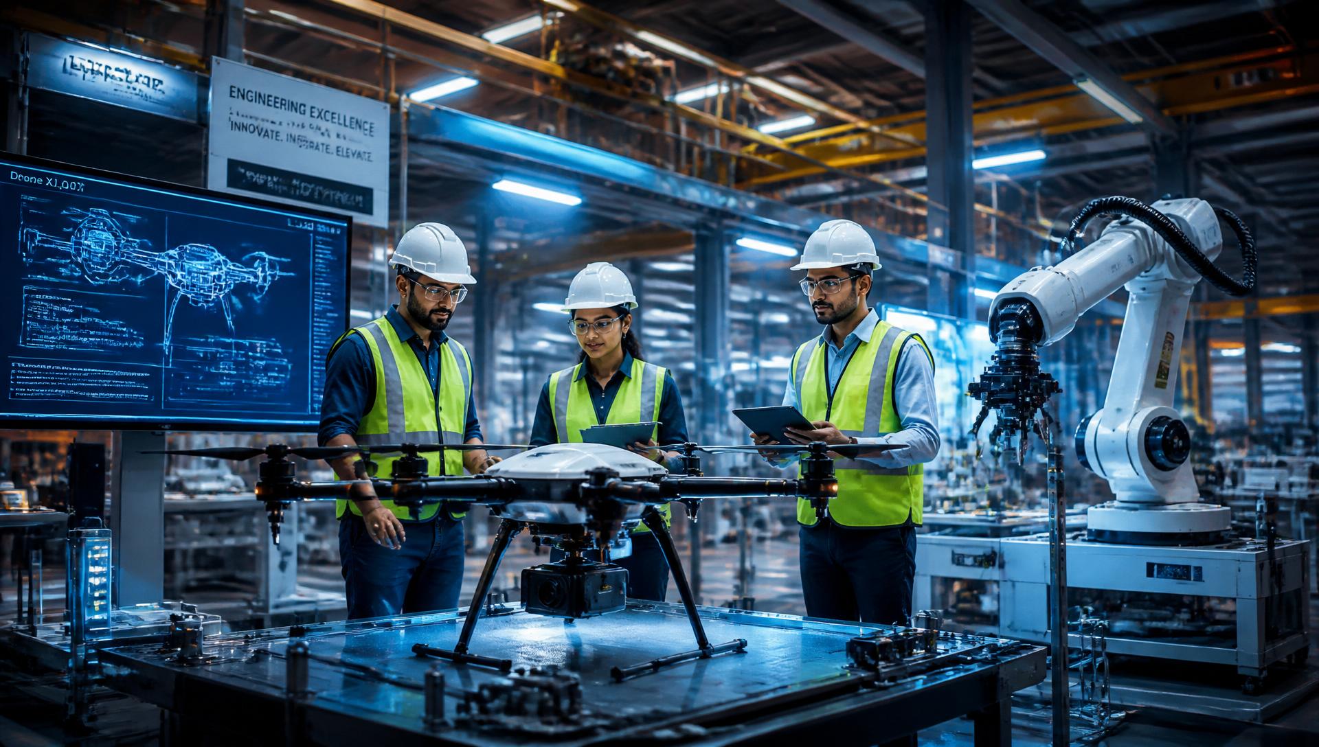 Engineering services team inspecting industrial drone and robotics systems